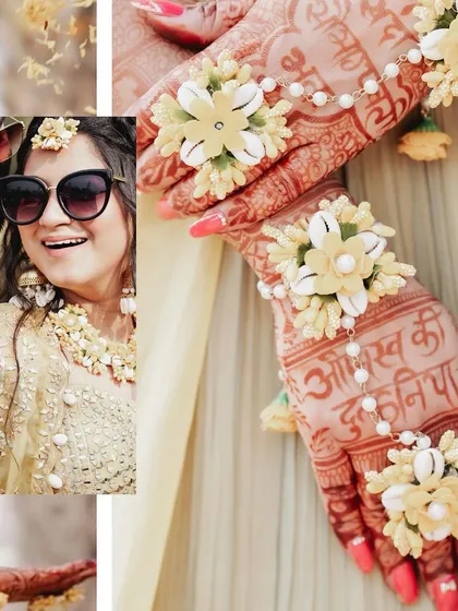 A creative collage focusing on the details of the Haldi, from the couple's happy faces to the bride's beautiful floral jewelry.