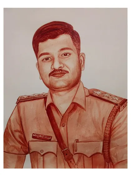 A blood portrait of a man in his police uniform. I can create portraits that honor a person's profession, capturing details like the uniform's stars and name tag.
