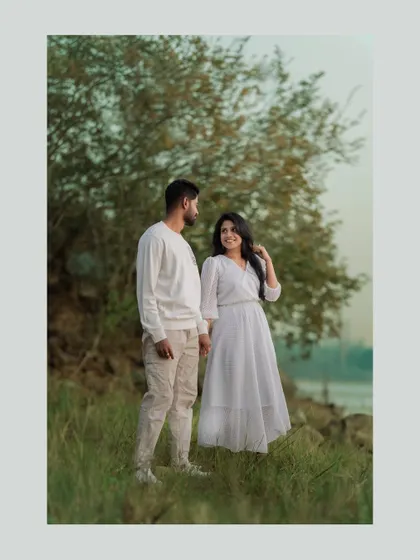 A collage of a couple by a serene lake, showing how we capture a variety of poses and moods in one location.