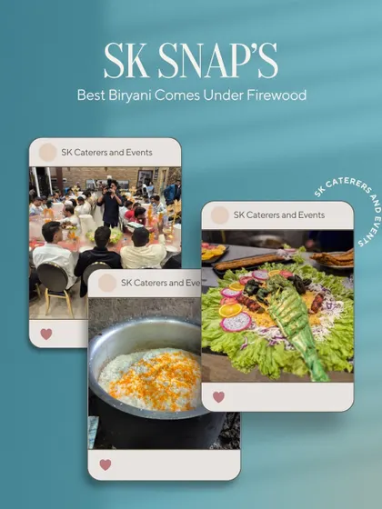 A snapshot of our work, from the large-scale biryani cooking to the beautifully plated starters and the happy guests enjoying the meal. This is what SK Caterers is all about.