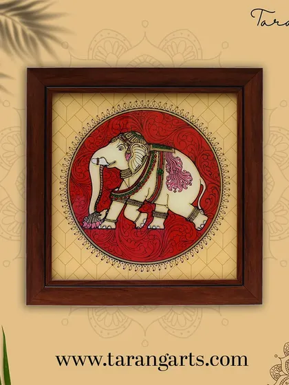 This majestic elephant glass painting, set against a rich red background, is a symbol of power and prosperity. The circular mandala design adds a layer of spiritual significance to this beautiful artwork.