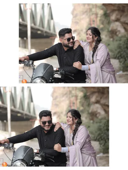 A collage of close-up shots showing the couple's happy and playful interactions on the motorcycle.