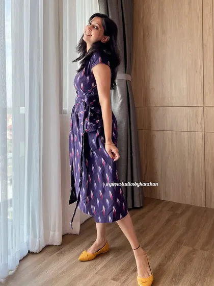 A different color for our popular pinafore dress. This purple Ikat version is just as comfortable and stylish, with a tie that cinches the waist beautifully.