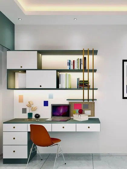 A render of a functional and stylish study unit with a mix of open and closed shelving, perfect for a home office or a student's room.