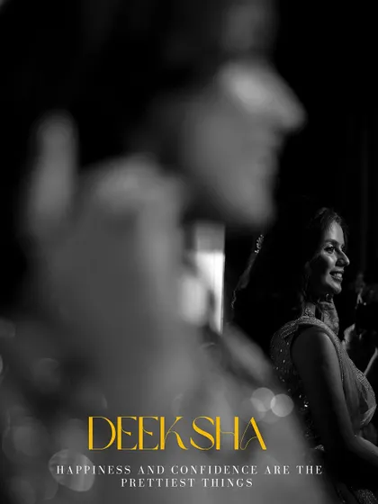 A beautiful black and white candid shot of the bride, with a text overlay that perfectly captures her confident and happy spirit.