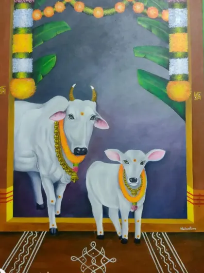 A beautiful acrylic on canvas painting of a cow and calf, created by my student Vasanth for a 'Gruhapravesham' or housewarming ceremony. It shows how art can be a meaningful part of our traditions.