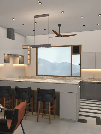 The dining area is connected to a modern kitchen with a bar, featuring bold black-and-white striped flooring that adds an industrial flair.