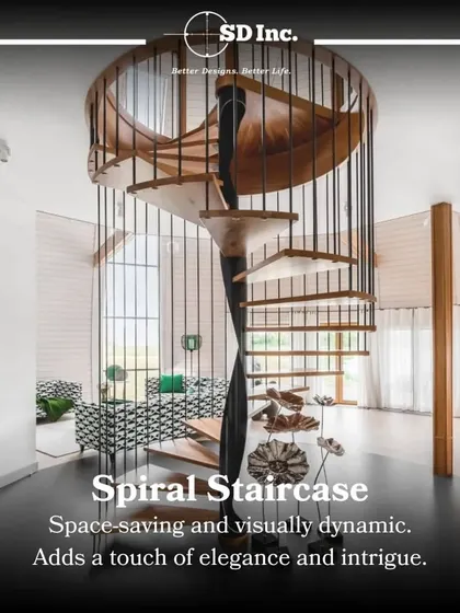 A spiral staircase is a beautiful solution for saving space while adding a dynamic, sculptural element to an interior. This example uses wood and steel for a modern, elegant look.