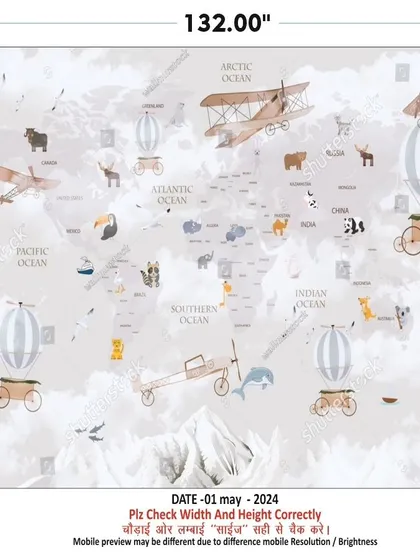 This is a design proof for a custom children's world map wallpaper. It features cute animals and vintage hot-air balloons to make learning about geography fun and visually engaging. I always provide a proof to ensure the size and design are perfect before printing.