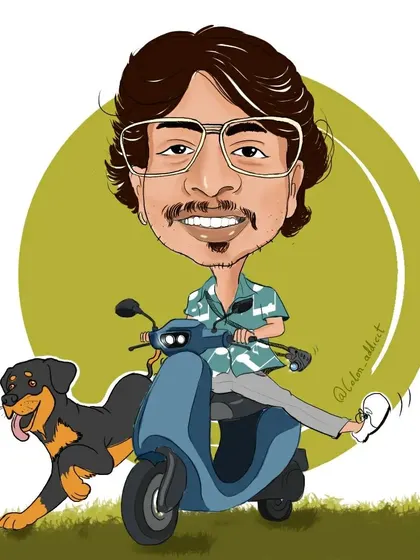 The finished digital caricature, showcasing a man on his scooter with his loyal dog running alongside. The vibrant colors and clean lines make it a fun and modern piece of personalized art.