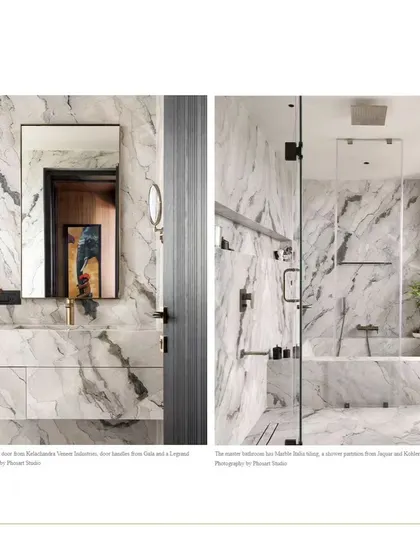 A magazine feature of the master bathroom in our Bengaluru project. The entire space is clad in dramatic book-matched marble, creating a seamless and incredibly luxurious feel.