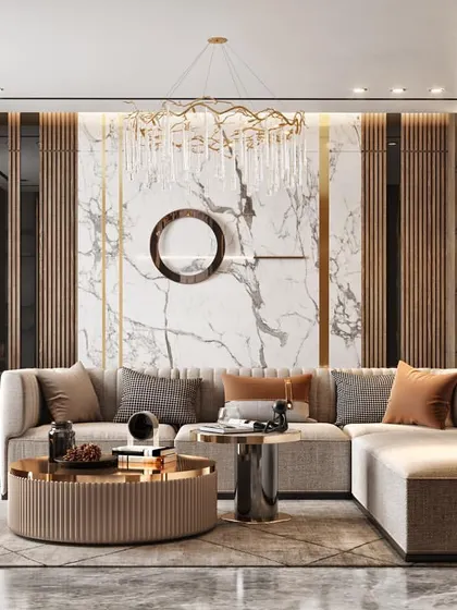 This living room render highlights a sophisticated material palette, combining a white marble accent wall with gold-inlay partitions and warm wood paneling for a modern yet warm aesthetic.