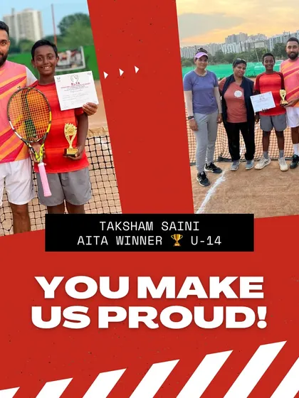 We are so proud of Taksham Saini for his victory in the AITA U14 CS7 tournament. This graphic celebrates his hard work and the winning spirit he brings to the court every day.