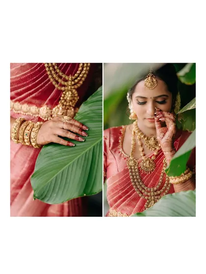 A diptych focusing on the bridal details, from the layers of gold necklaces to the henna on her hands.