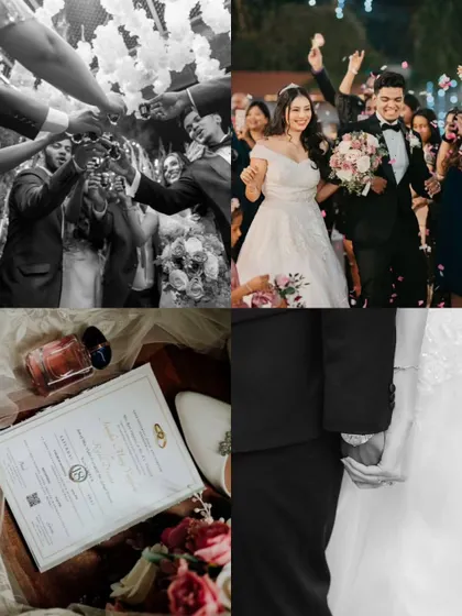 A collage of celebratory moments, including a toast with the wedding party and the joyful exit from the reception. It also highlights details like the marriage certificate.