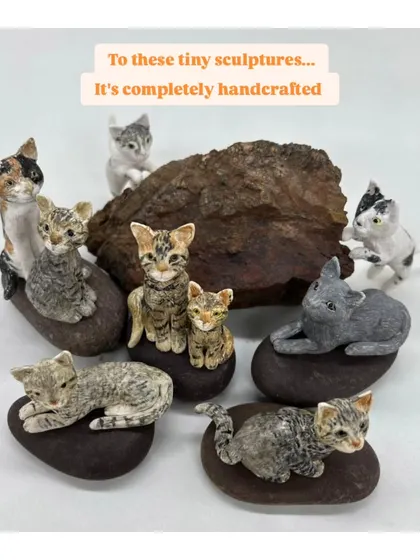 A whole family of tiny cat sculptures. These were created for a customer and show the variety of cat breeds and poses I can make.