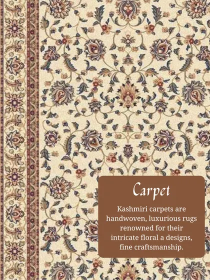 Handwoven Kashmiri carpets are renowned for their luxurious feel and intricate floral designs. I often use them as floor coverings or even as wall art to create a rich, textural focal point in a room.