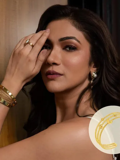 Ridhima Pandit giving a closer look at her arm candy, including the Triple Line Moon Star Cuff Bangle. It’s all about creating that perfect, personalized stack.