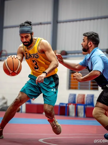 A player showcasing their handles while being guarded closely. Our games encourage one-on-one skills in a competitive setting.
