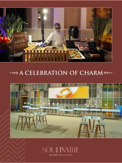 A collage showing a modern, charming setup for a corporate event, including a live station. We create inviting atmospheres for professional gatherings.