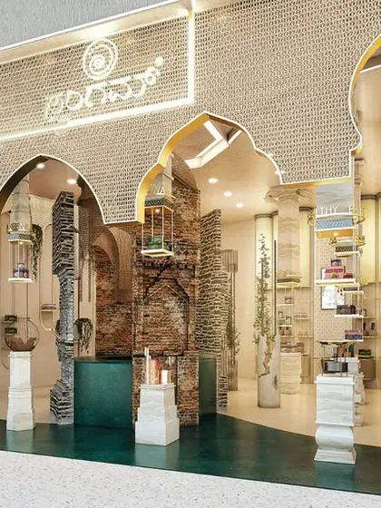 A render of our design for the Sangam Sweets outlet at Bangalore International Airport (BIAL). The concept uses layered arches and traditional Indian motifs to create a grand and inviting storefront for travelers.