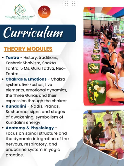 The theory modules of our Tantra and Kundalini course are detailed here. This graphic explains the curriculum's focus on Tantra history, chakras, emotions, and the stages of Kundalini awakening.