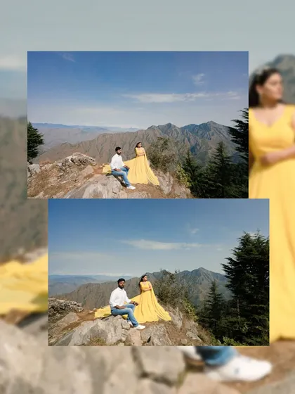 A diptych of a couple on a rocky outcrop, with a vast mountain range behind them. This showcases the epic scale of a destination pre-wedding shoot.