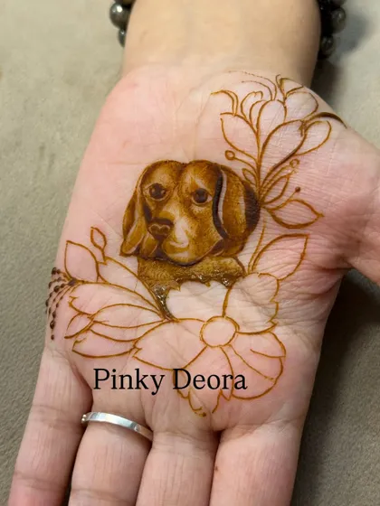 Another look at the floral dog portrait, showing the combination of the realistic animal figure with delicate, flowing flower designs.