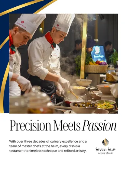 "Precision Meets Passion." This graphic showcases our chefs at a bustling live station, representing the fusion of technical skill and creative passion that defines our culinary excellence.
