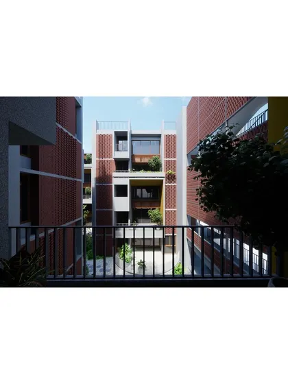 'The Mandala' is our low-rise, high-density housing concept in Bengaluru. This view from a balcony into a central courtyard highlights our use of jaali screens and layered spaces to mediate privacy and community.