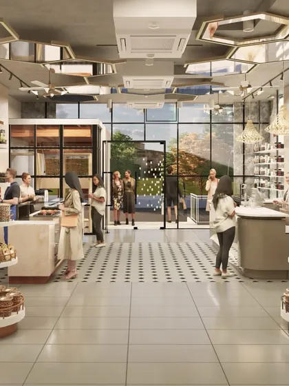 A render showing the customer flow inside the retail space. We designed wide aisles, circular display stands, and clear sightlines to the checkout counter to create an intuitive and pleasant shopping experience.