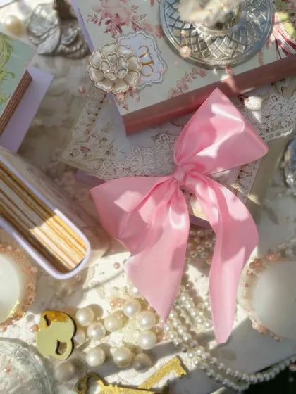 More details from the Bridgerton luncheon, featuring a pink satin bow, vintage books, and custom embellishments that add to the romantic and personalized feel of the event.