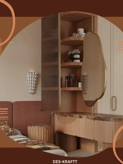 A mood board for a bedroom featuring warm, earthy tones, organic shapes, and natural textures, showcasing a design concept centered on comfort and elegance.