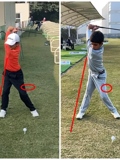 We worked on eliminating the early hip slide (sway). The red line shows how much more centered and rotational the new swing is.