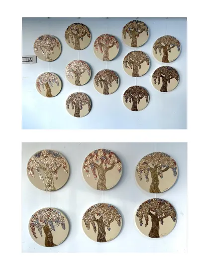 My Diwali collection, featuring textured trees on circular canvases. Each piece is aglow with festive energy, ready to light up a home.