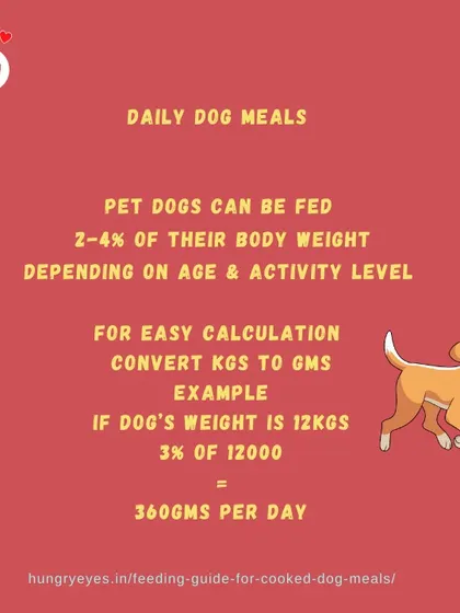 Here's a simple calculation for daily meals: feed 2-4% of your dog's body weight. For a 12kg dog at an average activity level (3%), that's 360gms per day.