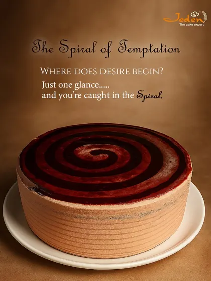 Get caught in the Spiral of Temptation. This mesmerizing cake features a hypnotic swirl of rich berry coulis over a decadent chocolate base, promising a mysterious and delicious journey.
