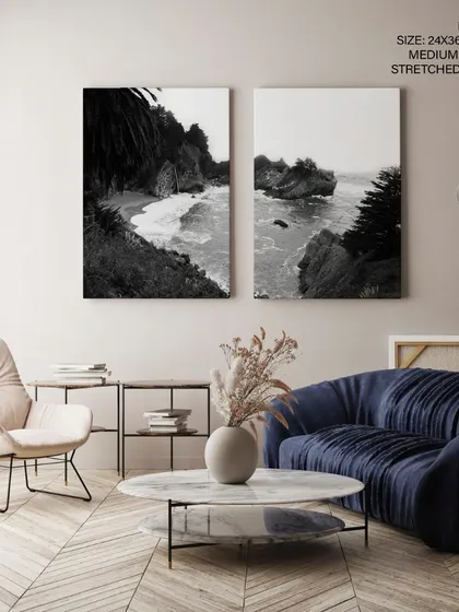 This set of two black and white photographs captures a stunning coastal paradise. The frameless stretched canvas presentation gives the dramatic seaside cliffs and waves a modern, immersive feel.