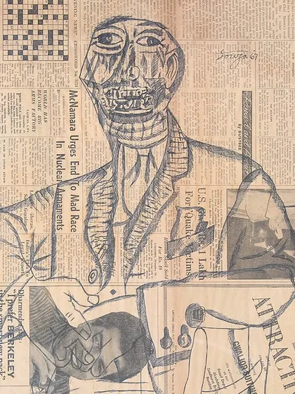 A duplicate view of the F.N. Souza pen and ink on newspaper. This piece was exhibited at the All India Kalidas Samaroh, highlighting its importance and the caliber of works I handle.