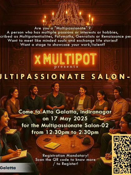 Poster for 'Multipassionate Salon', a meetup for people with multiple creative interests.