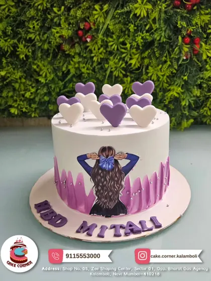 A cute cake for Mitali with purple hearts and a girl with a bow in her hair. A sweet and personal design for a special birthday.