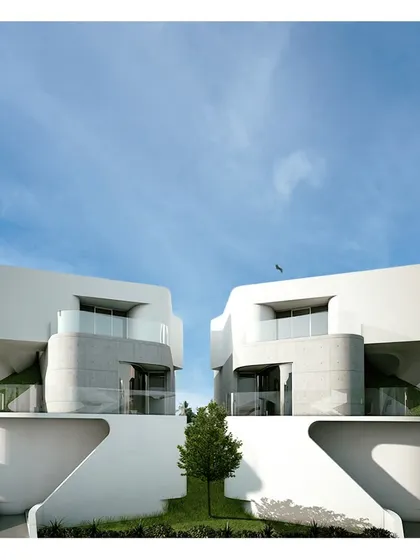 This rendering shows two of our 'OVC' villa prototypes. The design is characterized by fluid, curving forms that create sheltered terraces and balconies, demonstrating our exploration of sculptural and organic architecture.