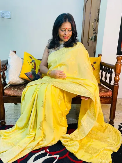 Feeling joyful in this subtle yellow Pure Butter Silk saree. It’s as soft as its name suggests and drapes beautifully, making it incredibly comfortable to wear all day.