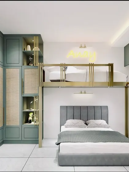 A render of a space-saving L-shaped wardrobe and bunk bed combination, perfect for a shared kids' room.