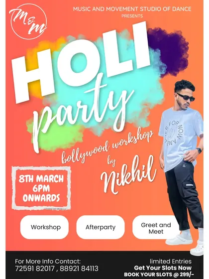 Our poster for a special Holi Party and Bollywood workshop with instructor Nikhil. We love celebrating festivals with dance.