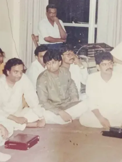A precious memory from my Gandabandhan ceremony with my guru, Ustad Shahid Parvez Khan, fondly known as Shahid bhai. This picture captures a room full of legendary artists who came to bless us.