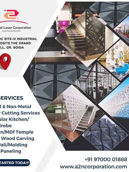 This collage provides a snapshot of our wide range of services. It showcases our work in metal laser cutting, modular wardrobes, solid wood carving, jali, and WPC paneling across various completed projects.