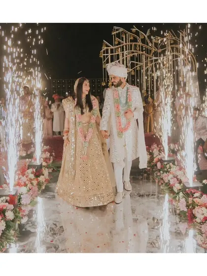 A grand entrance to a lifetime of happiness. We love creating these showstopper moments, with perfectly timed fireworks lighting up the path as the couple makes their radiant debut as husband and wife.