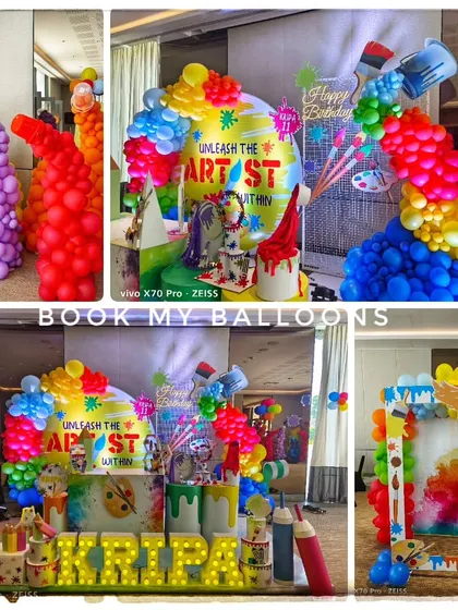 We unleashed the artist within for Kripa's birthday with this colorful art party theme. The decor featured giant paint brushes, dripping paint can props, and a rainbow of balloon colors to inspire creativity.