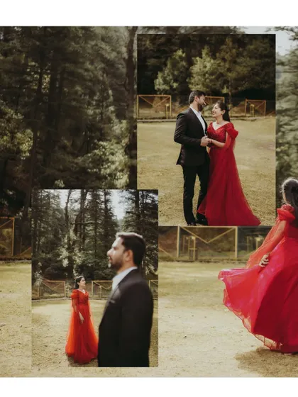 A collage of dreamy, fairy-tale-like moments from a post-wedding shoot in the forests of Dalhousie.